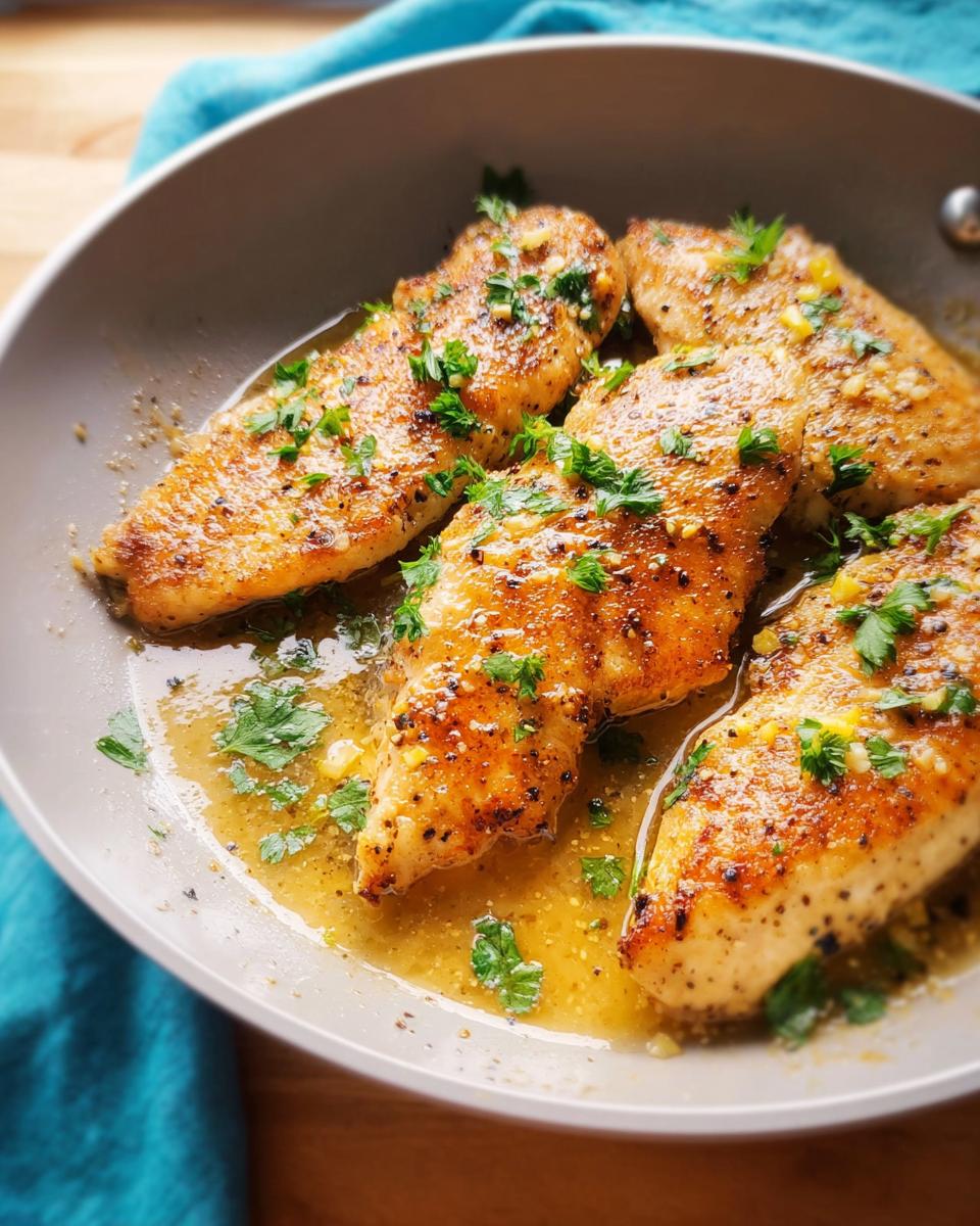 Pan-seared lemon garlic chicken breasts garnished with fresh parsley, a quick and healthy meal.