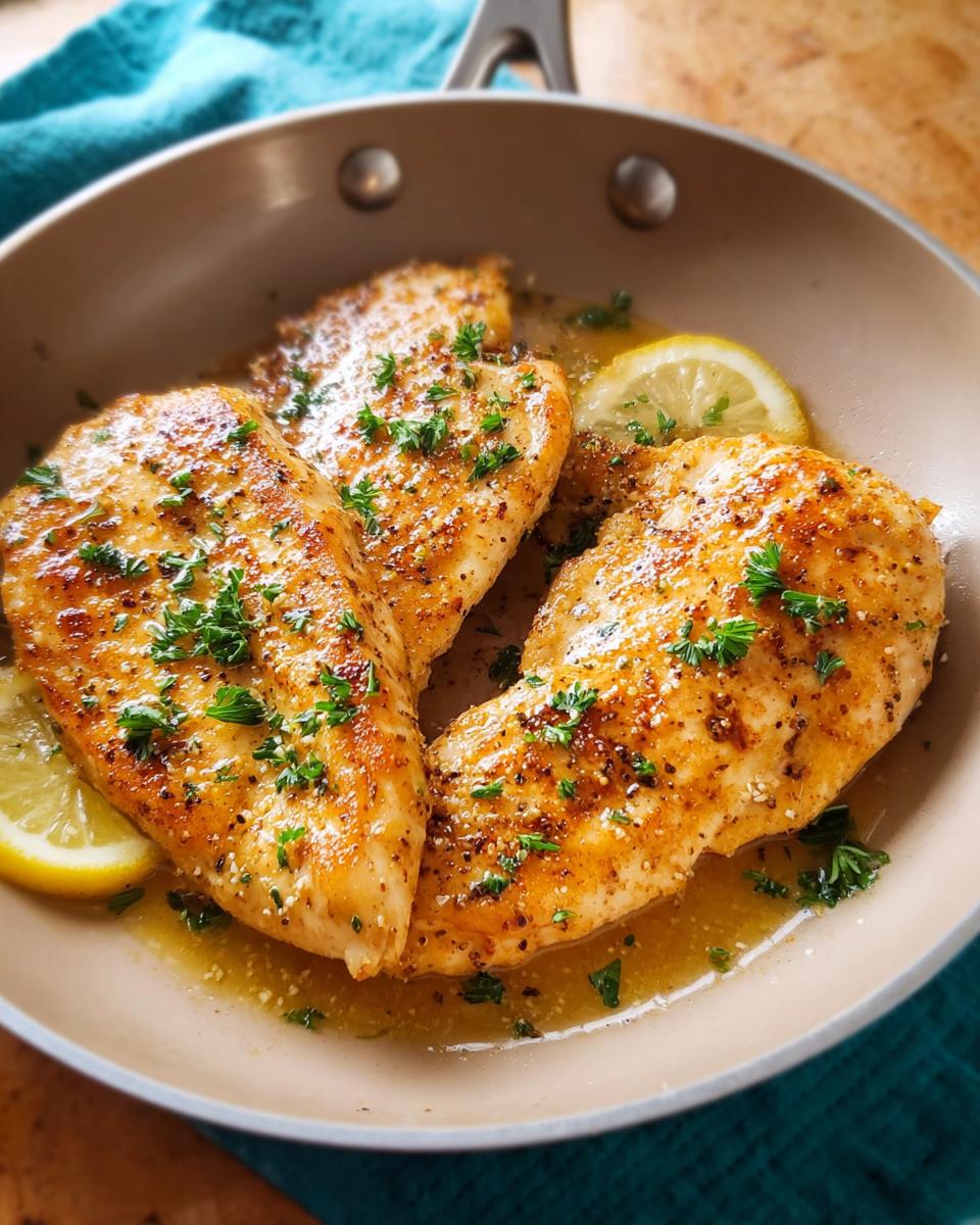 Three pan-seared lemon herb chicken breasts garnished with parsley and lemon slices, part of 7 Genius Healthy Meals Recipes Ideas for Busy Weeknights.