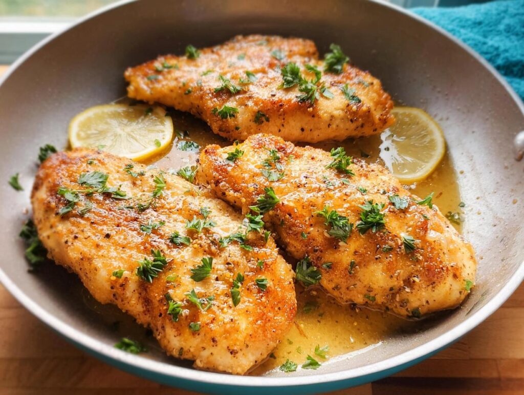 Golden brown pan-seared chicken breasts with lemon slices and fresh parsley, a healthy meal idea.