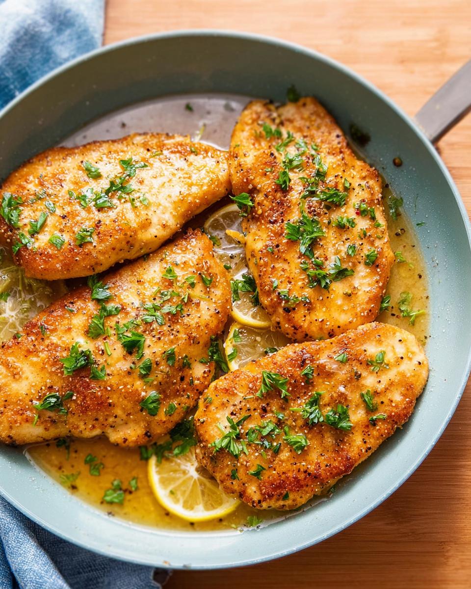 Four pan-seared lemon herb chicken breasts garnished with parsley and lemon slices in a skillet, a perfect healthy weeknight meal.