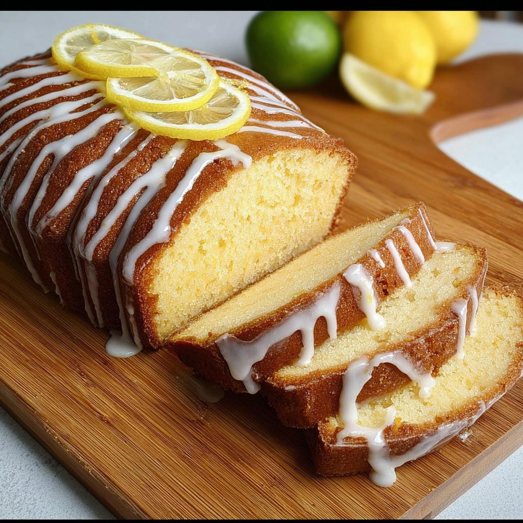 A sliced lemon loaf cake with white icing drizzled over the top, garnished with lemon slices. Perfect for cake ideas recipes.