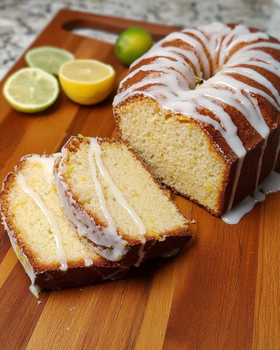 A sliced lemon pound cake with white glaze, garnished with lemon and lime slices.