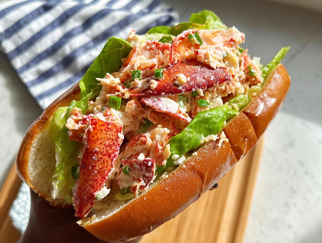 Close-up of a delicious lobster roll sandwich, packed with fresh lobster meat, lettuce, and a creamy dressing.