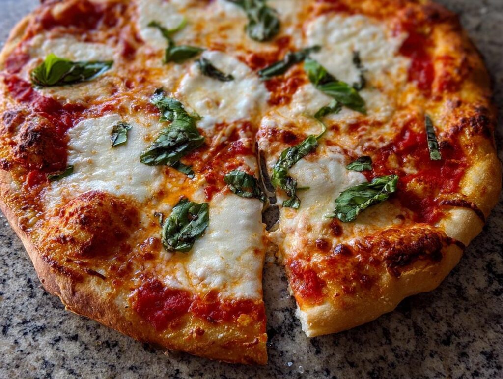 A close-up of a freshly baked Margherita pizza with melted mozzarella, tomato sauce, and basil, perfect for pizza night.