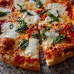 A close-up of a freshly baked Margherita pizza with melted mozzarella, tomato sauce, and basil, perfect for pizza night.