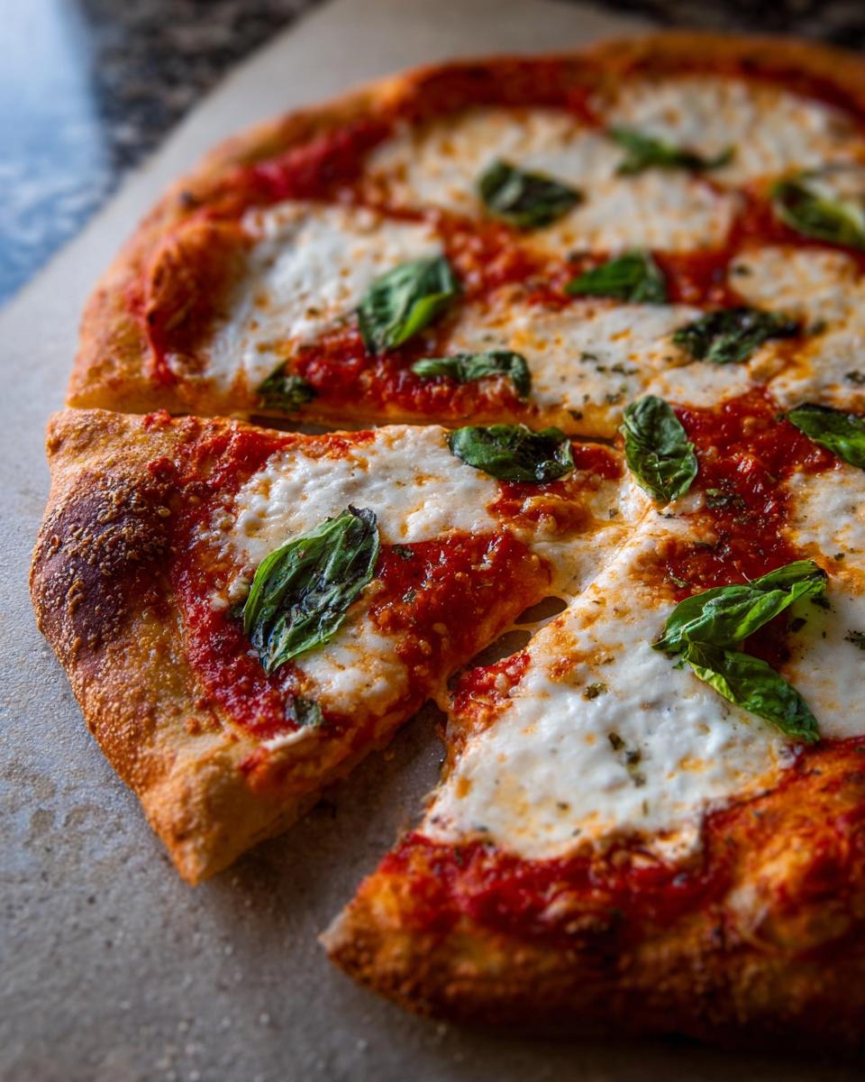 A close-up of a freshly baked Margherita pizza with melted mozzarella, tomato sauce, and basil leaves, perfect for pizza night.