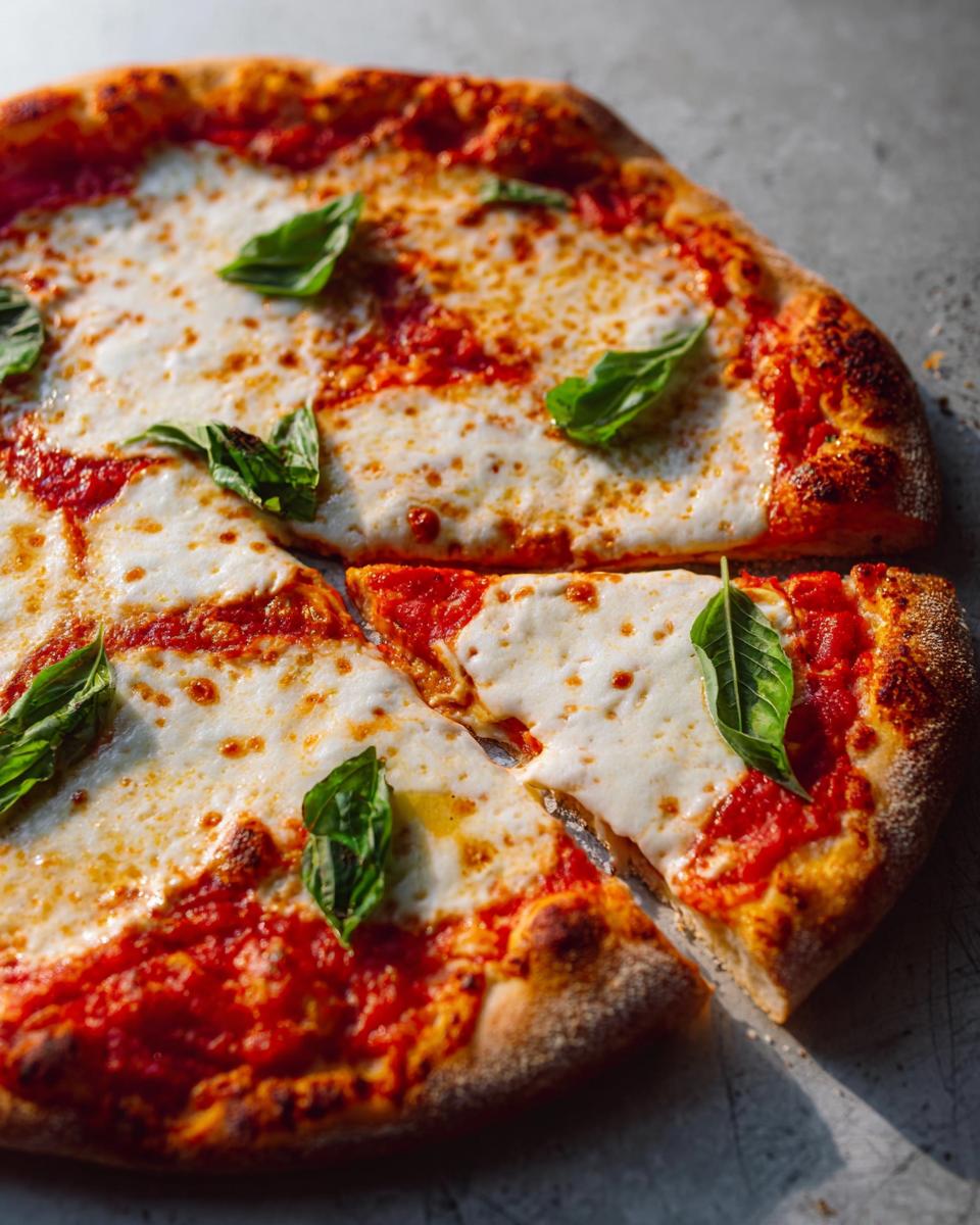 A classic Margherita pizza, sliced and topped with melted mozzarella, tomato sauce, and fresh basil leaves. Perfect for pizza night.