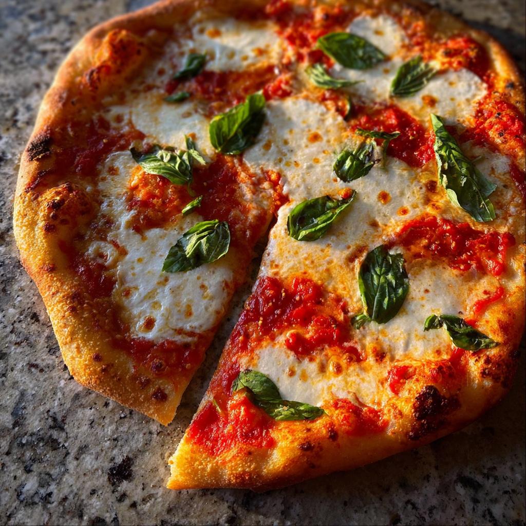 A close-up of a freshly baked Margherita pizza with melted mozzarella, tomato sauce, and fresh basil leaves, perfect for pizza night recipes.