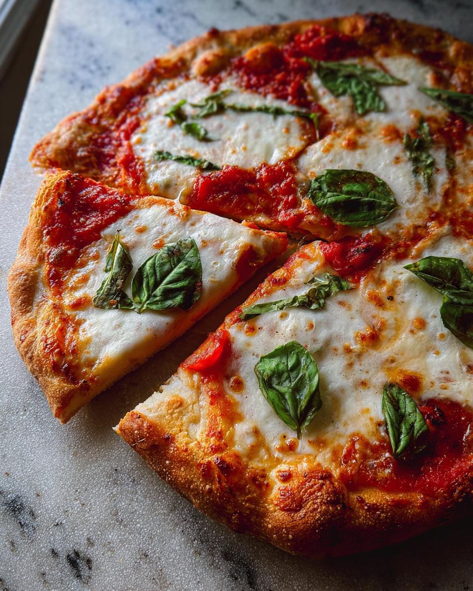 A close-up of a Margherita pizza with fresh basil and melted mozzarella, perfect for pizza night.