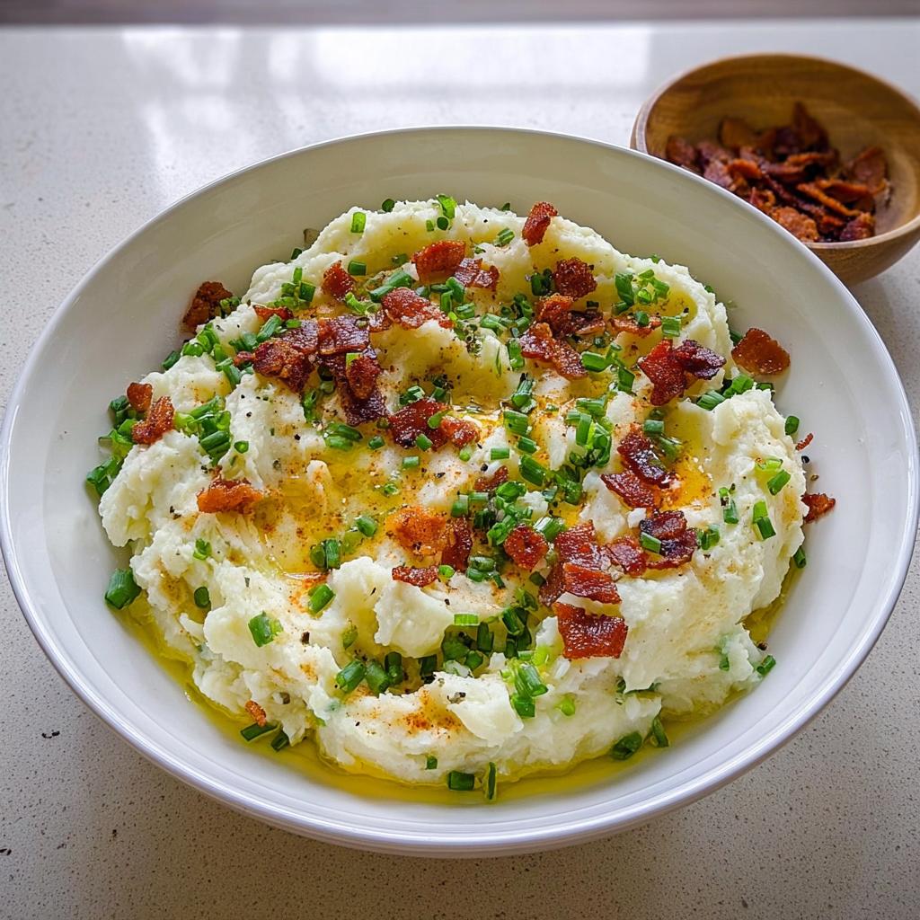 A bowl of creamy mashed potatoes topped with crispy bacon bits, fresh chives, and a drizzle of butter. Part of 10 Genius Mashed Potatoes Recipes.