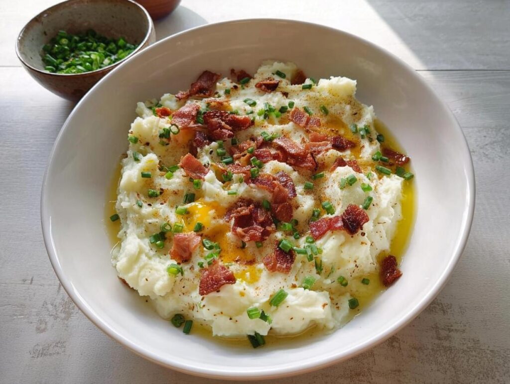 A bowl of creamy mashed potatoes topped with crispy bacon bits, fresh chives, and melted butter. A side of chopped chives is in the background.