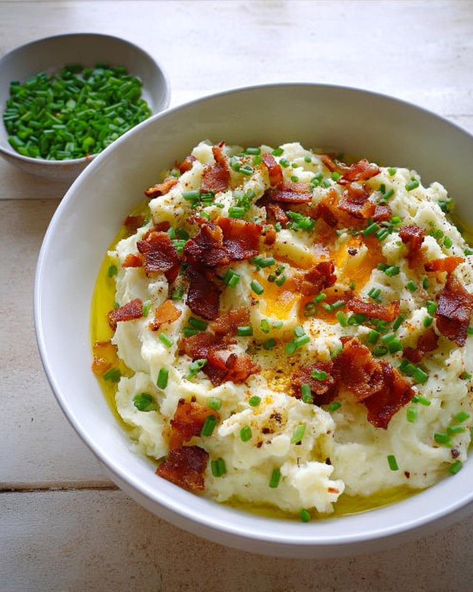 Close-up of creamy mashed potatoes topped with crispy bacon bits, fresh chives, and a drizzle of butter. Part of 10 Genius Mashed Potatoes Recipes Ideas.