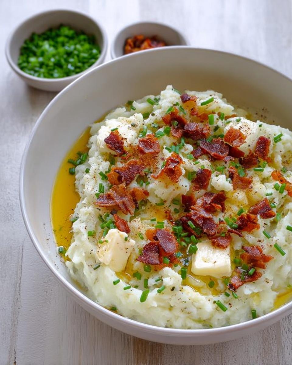 A bowl of creamy mashed potatoes topped with crispy bacon bits, fresh chives, and melting butter.