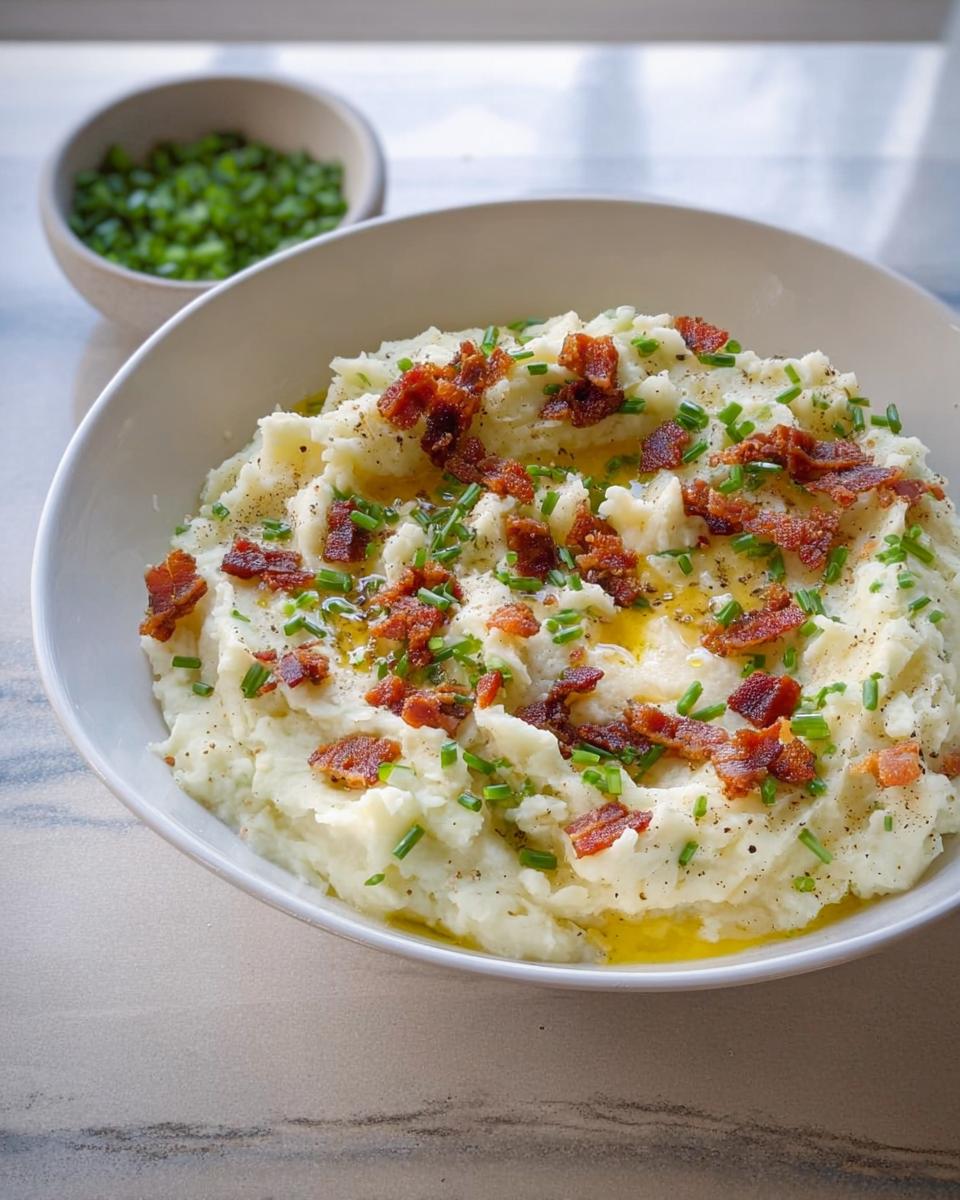 A bowl of fluffy mashed potatoes topped with crispy bacon bits, fresh chives, and melted butter. One of 10 Genius Mashed Potatoes Recipes.