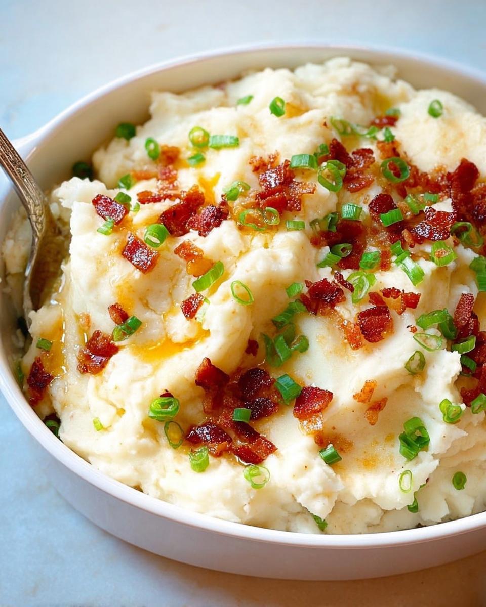 A close-up of creamy mashed potatoes topped with crispy bacon bits and fresh green onions.