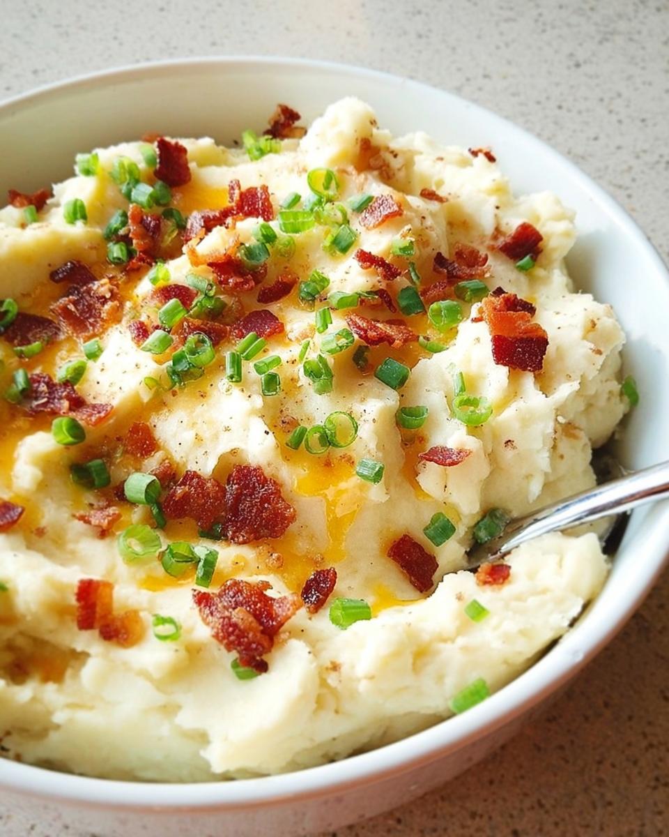 A close-up of creamy mashed potatoes topped with crispy bacon bits and fresh chives.