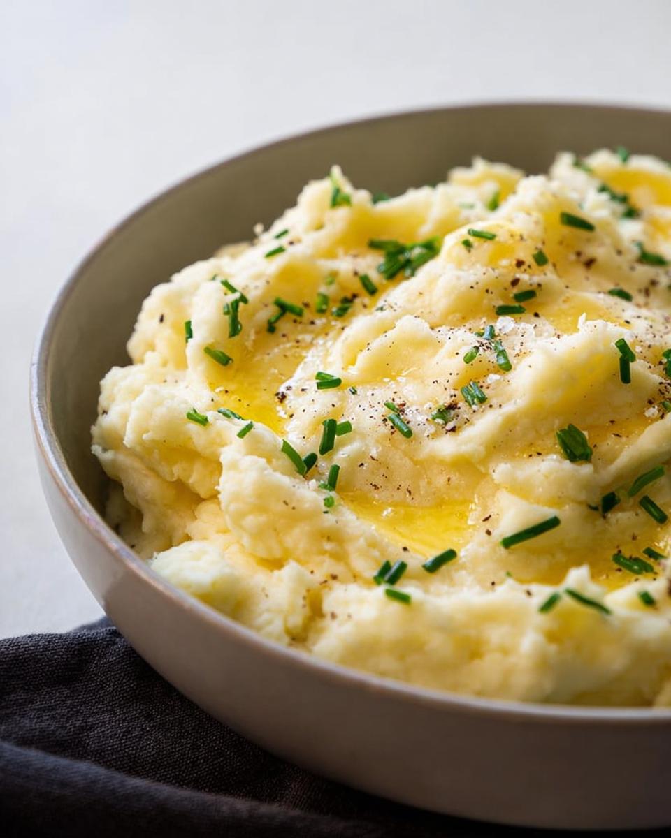 Close-up of a bowl of creamy mashed potatoes topped with melted butter, chives, and cracked black pepper.