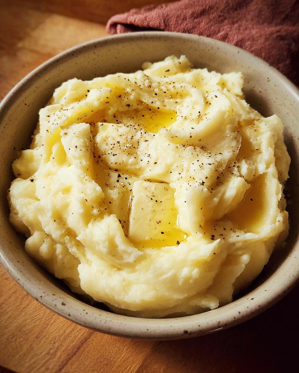 A close-up of creamy mashed potatoes in a bowl, topped with melting butter and cracked black pepper. The Only Mashed Potatoes Recipes Recipe You’ll Need.