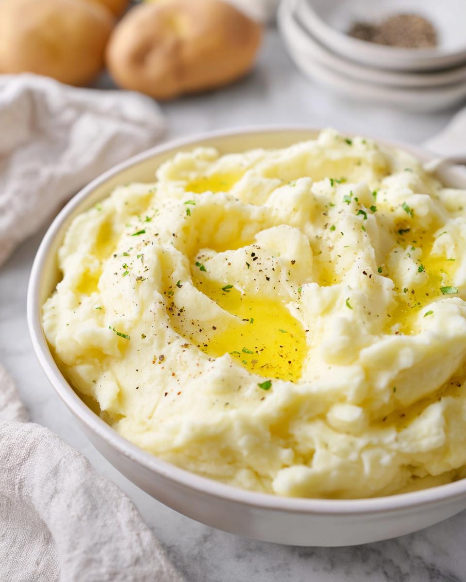 A bowl of fluffy mashed potatoes topped with melted butter, black pepper, and parsley. Part of Mashed Potatoes Recipes in 20 Minutes.