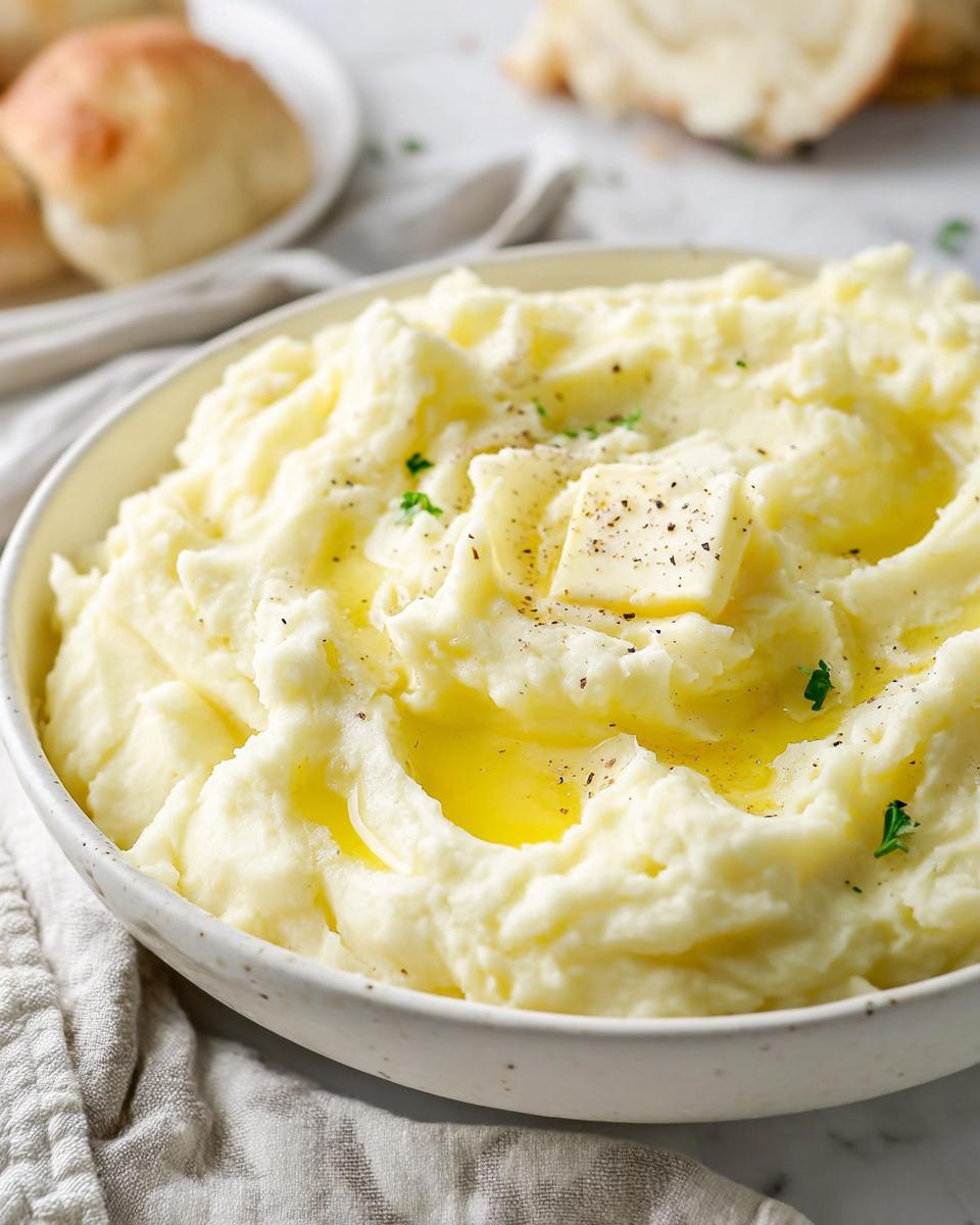 A bowl of fluffy mashed potatoes topped with melting butter, cracked black pepper, and fresh parsley. Part of Mashed Potatoes Recipes in 20 Minutes.
