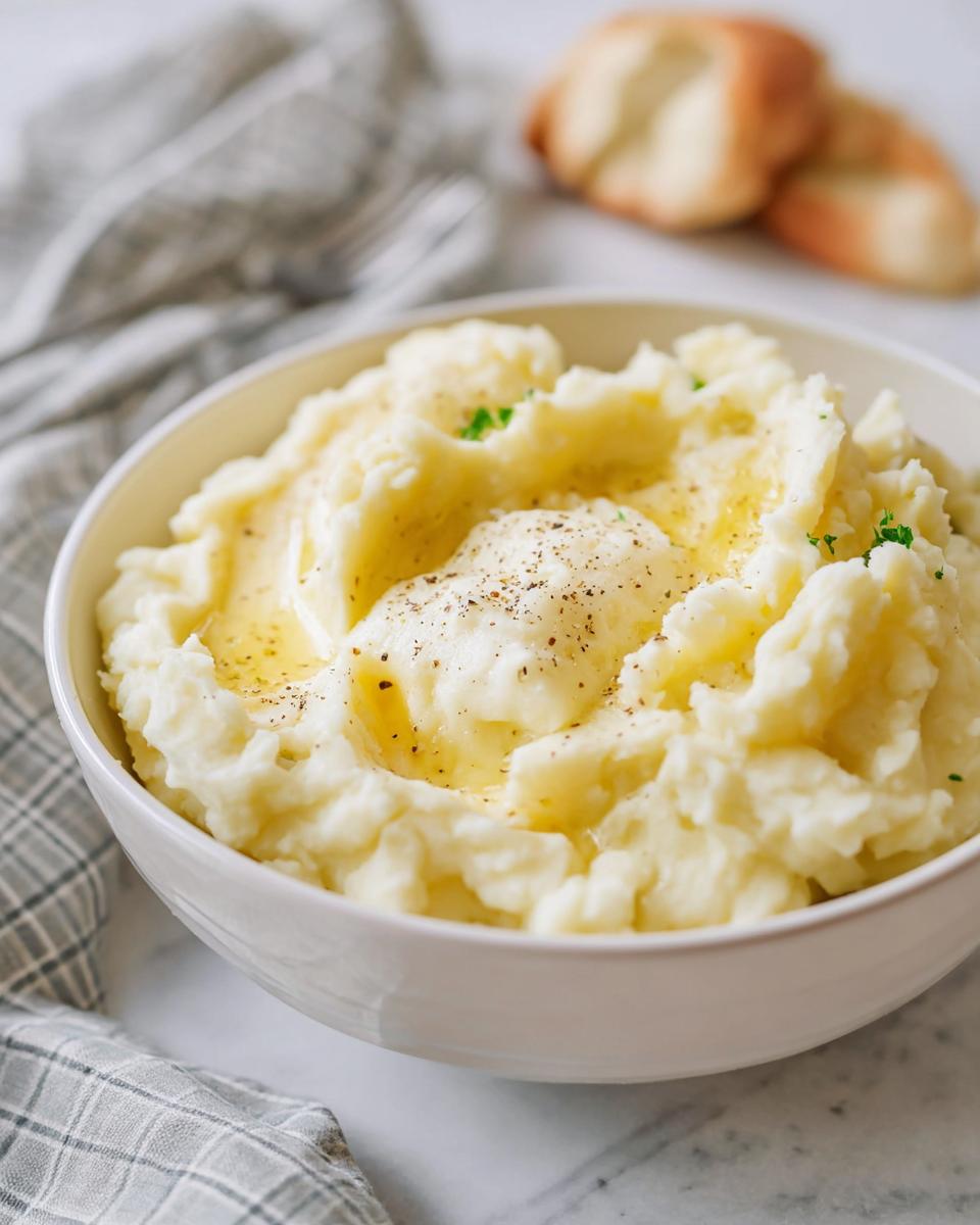 A close-up of a bowl of fluffy mashed potatoes, topped with melted butter, black pepper, and parsley. Part of a weeknight winner recipe.