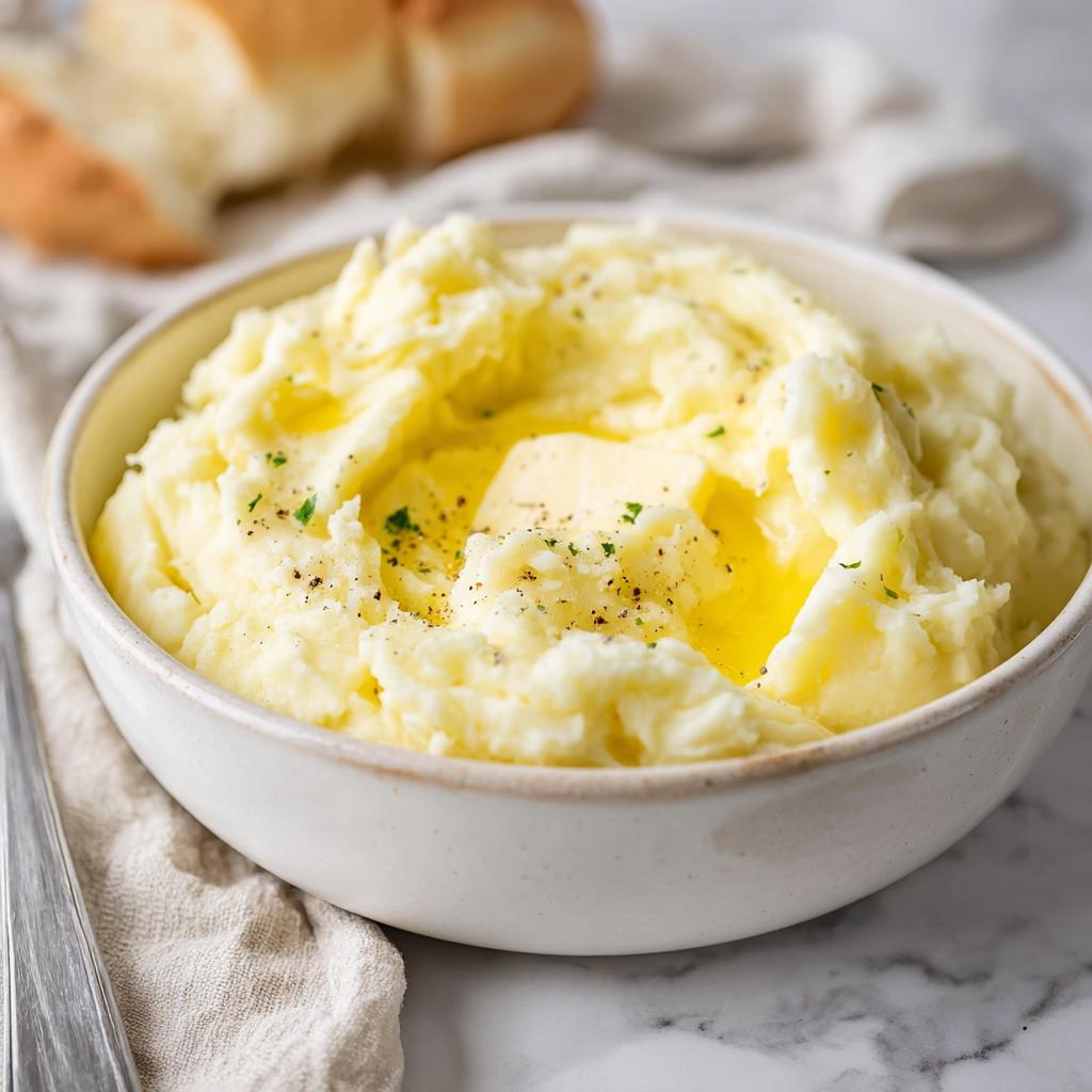 A bowl of fluffy mashed potatoes recipe in 20 minutes, topped with melting butter and fresh parsley.