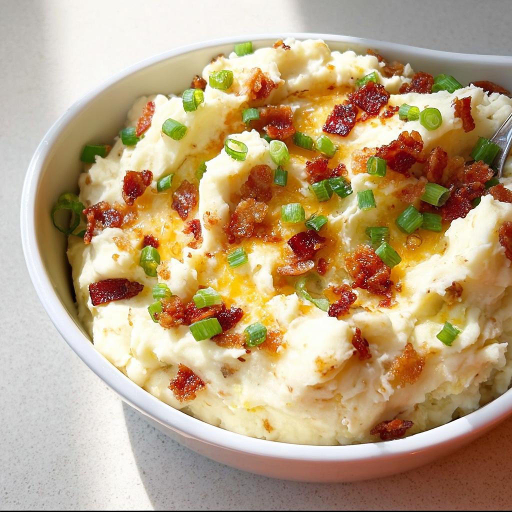 Close-up of creamy mashed potatoes topped with crispy bacon bits and chopped green onions.
