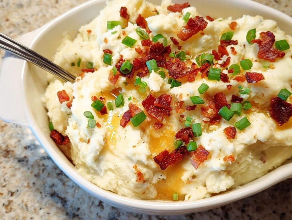Close-up of creamy mashed potatoes topped with crispy bacon bits and fresh green onions.