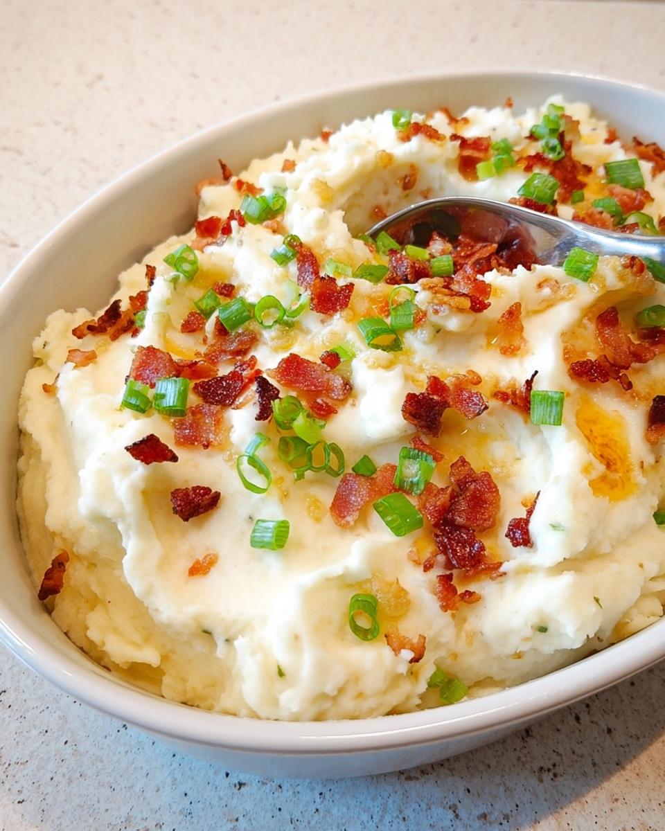 A close-up of creamy mashed potatoes topped with crispy bacon bits and fresh green onions. This is a perfect mashed potatoes recipe.