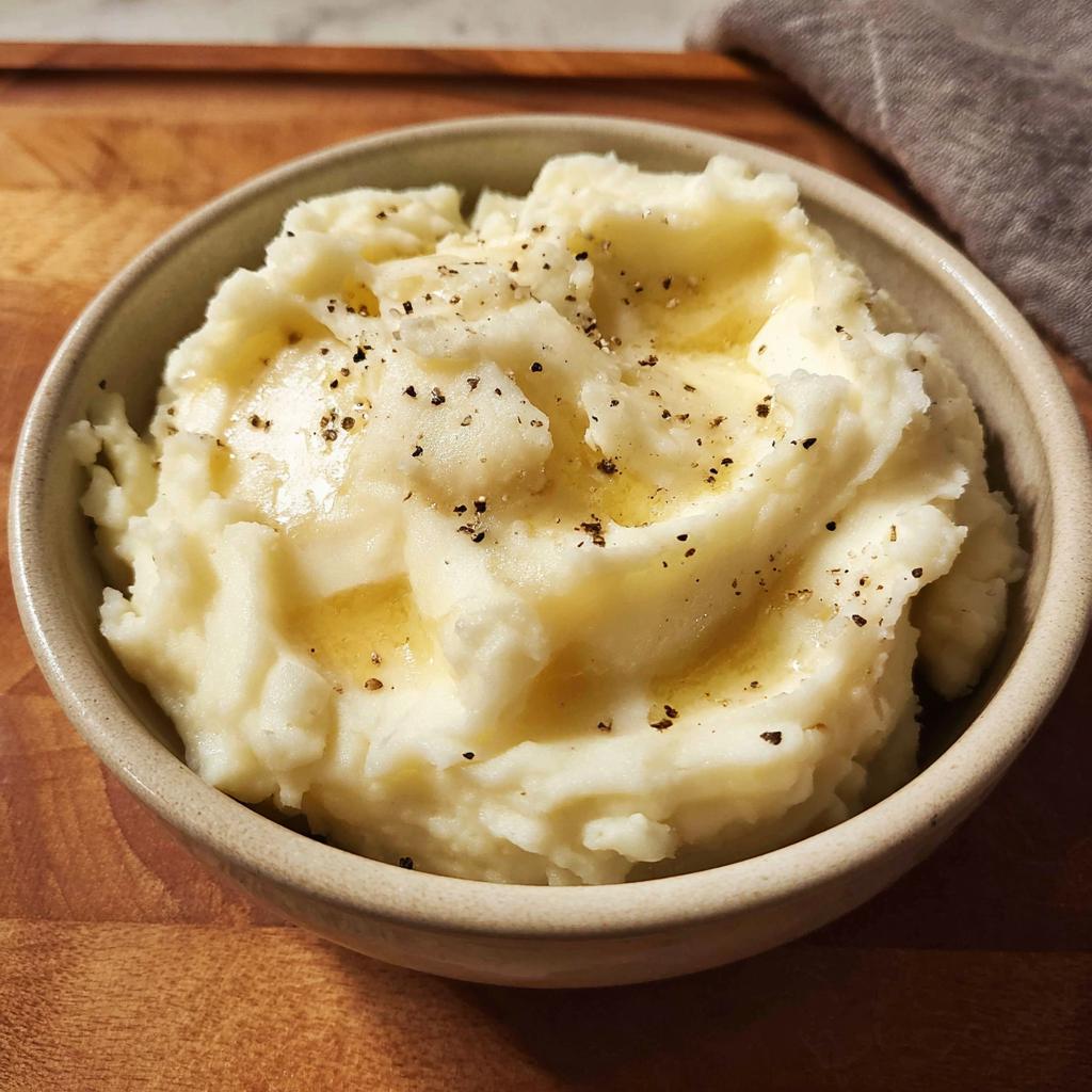 A close-up of creamy mashed potatoes topped with melted butter and black pepper, ready to be served.