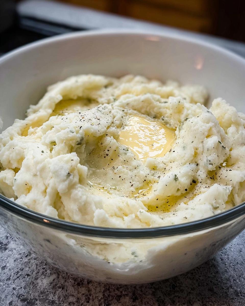 Close-up of fluffy mashed potatoes in a bowl, topped with melting butter and black pepper.