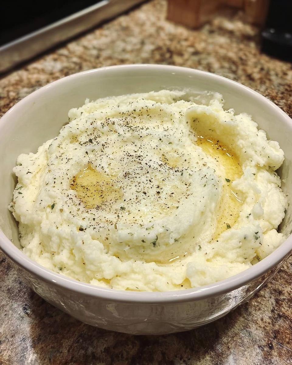 A bowl of creamy mashed potatoes topped with melted butter, black pepper, and herbs.