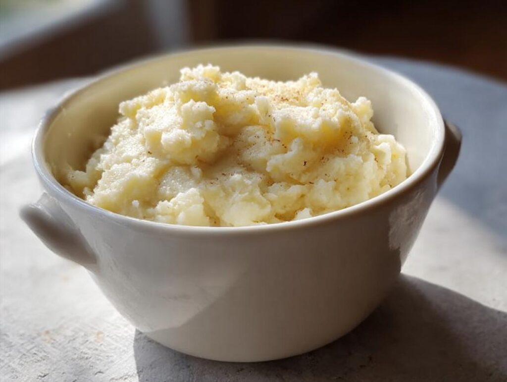 A bowl of fluffy, creamy mashed potatoes, seasoned with pepper, perfect for meal prep.