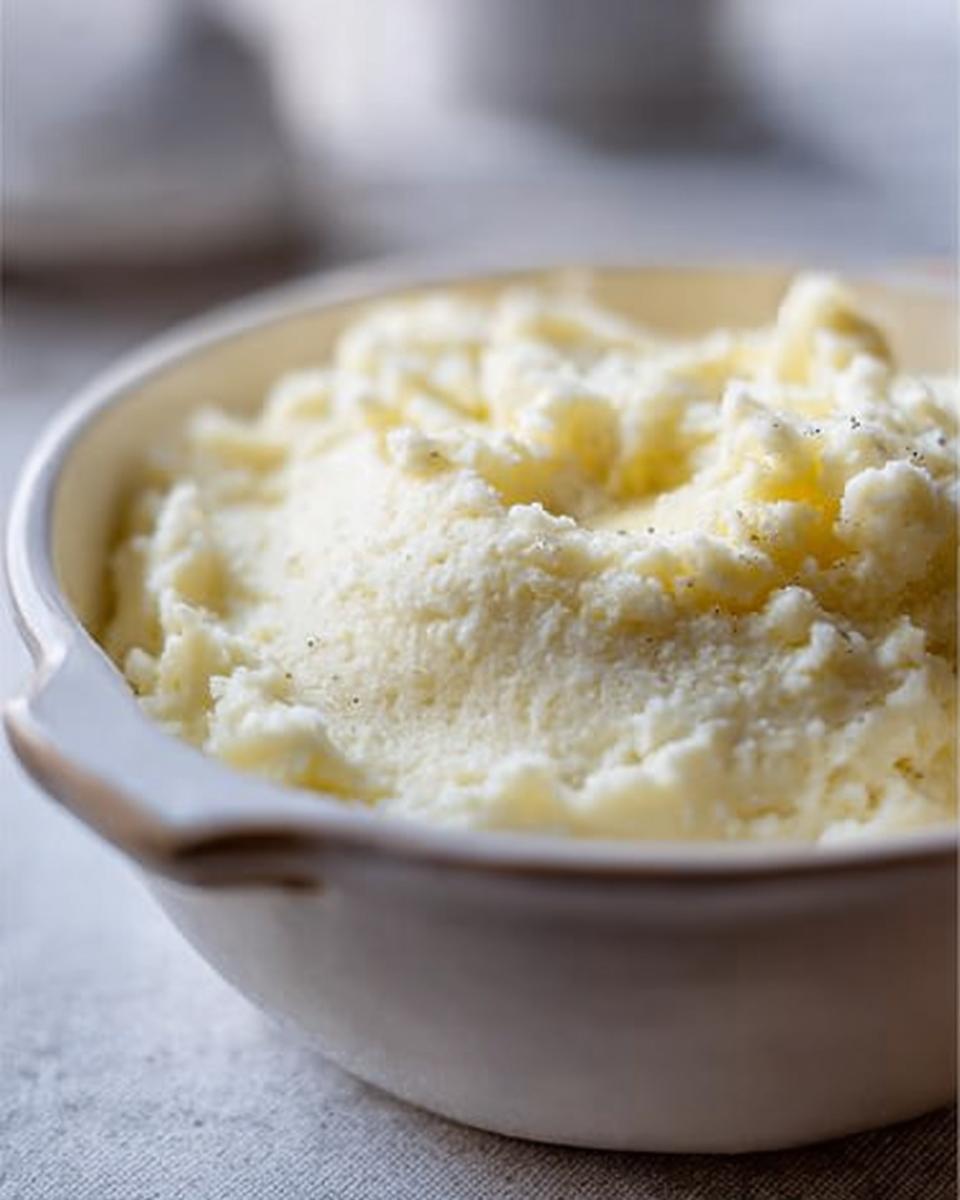 Close-up of fluffy, creamy mashed potatoes in a white bowl, perfect for meal prep.