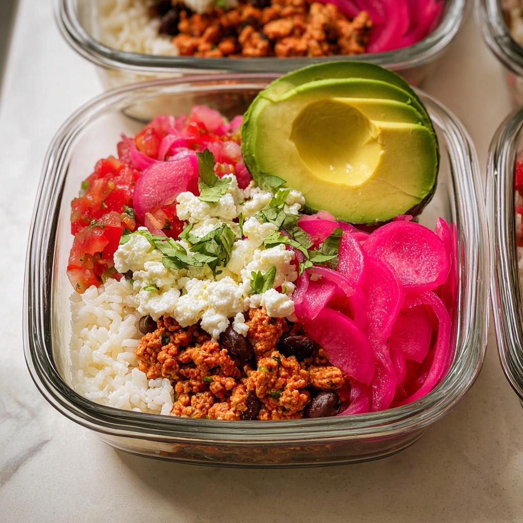 A close-up of a meal prep rice bowl featuring white rice, seasoned ground meat, black beans, pico de gallo, pickled red onions, feta cheese, and avocado slices.