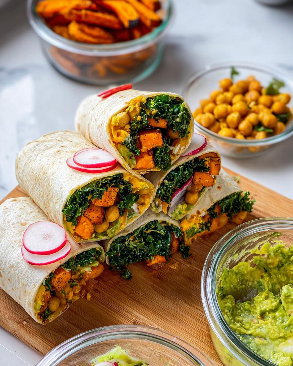 Stack of healthy wraps filled with sweet potato, kale, chickpeas, and radish, perfect for meal prep sandwich ideas.