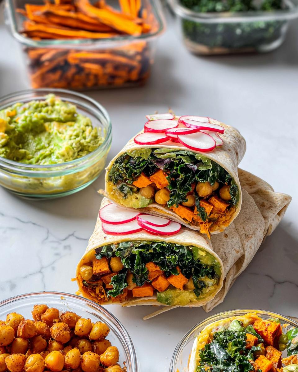 Two halves of a healthy vegetarian wrap filled with sweet potato, chickpeas, kale, avocado, and topped with radish slices. Part of meal prep sandwich ideas.