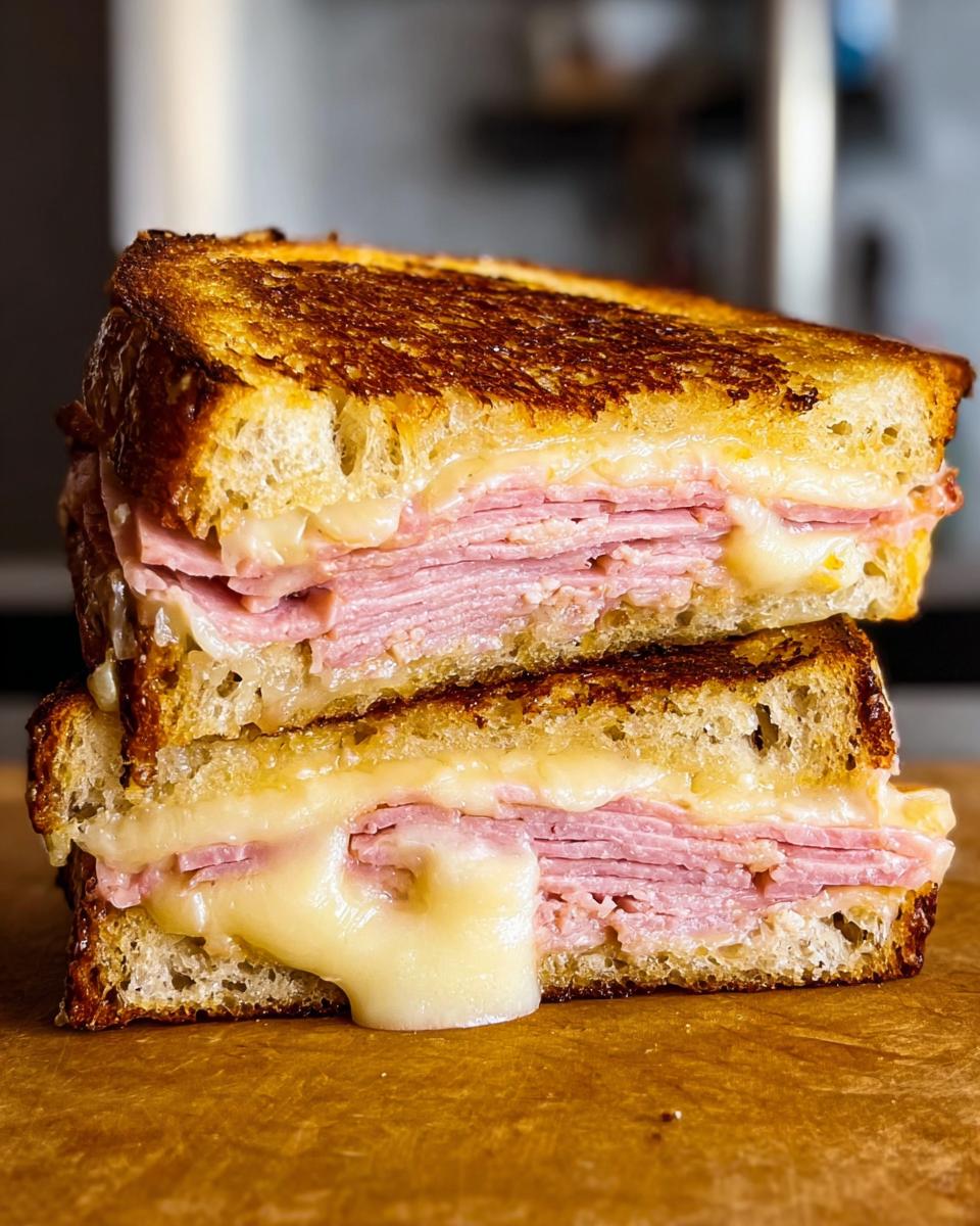 A delicious ham and cheese sandwich, cut in half, with melted cheese oozing out. Perfect for sandwich ideas.