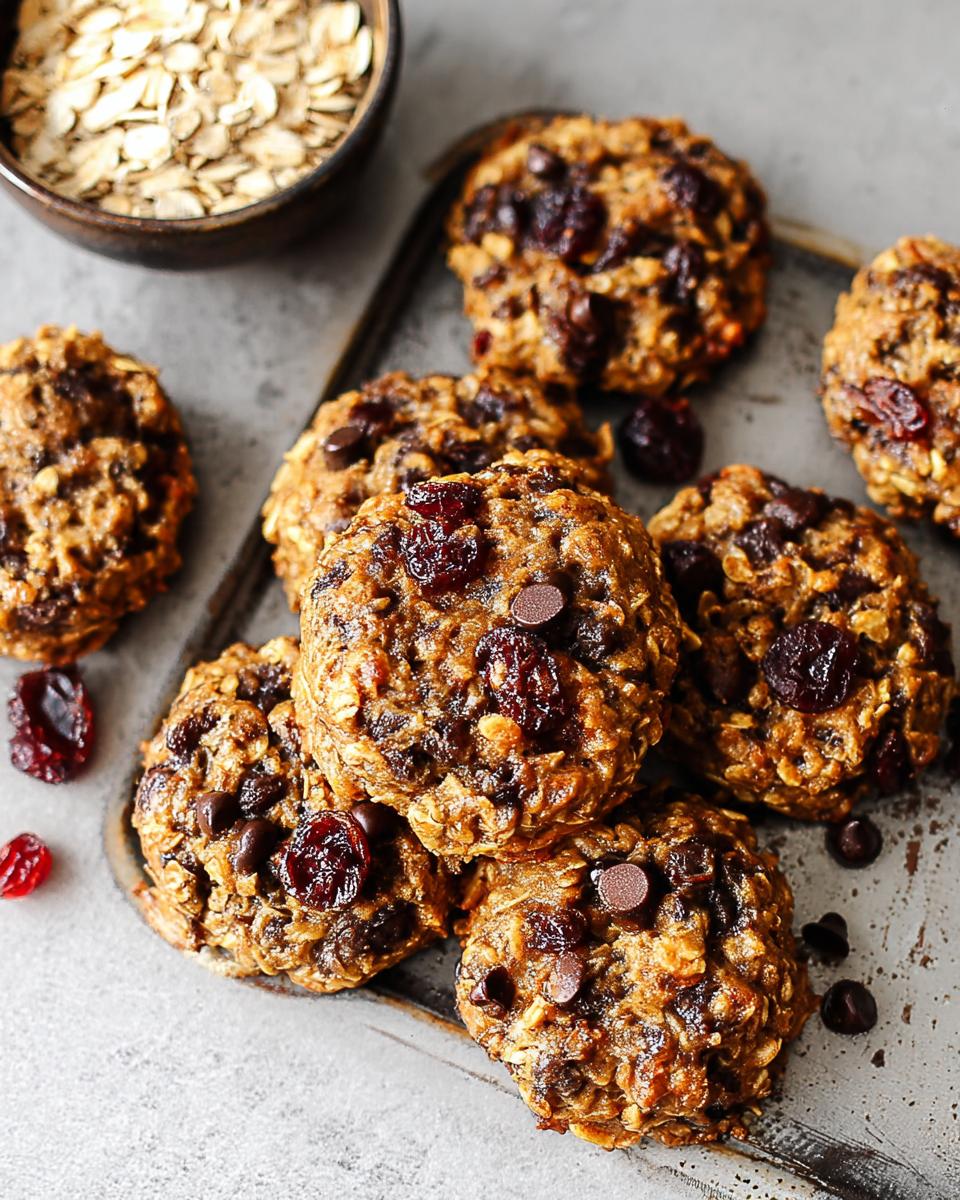 A pile of delicious oatmeal cookies with cranberries and chocolate chips, perfect for quick breakfast ideas recipes.