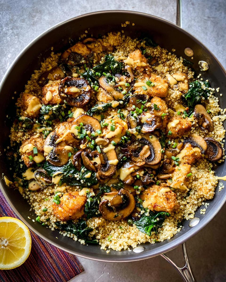 A delicious one-pan chicken recipe with quinoa, mushrooms, and spinach, drizzled with sauce and topped with chives.
