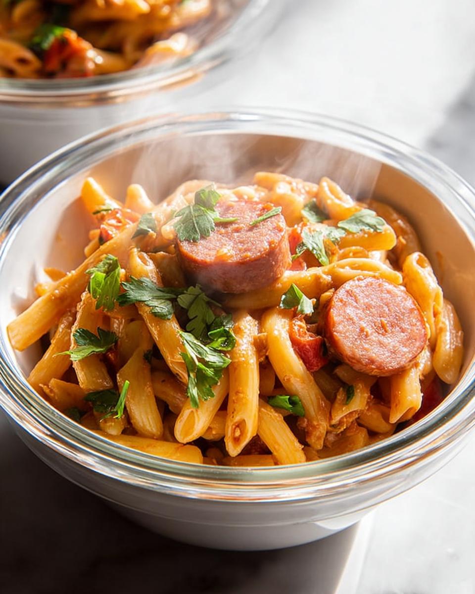 A steaming bowl of one pot pasta meal prep featuring penne pasta, sausage slices, and fresh parsley.