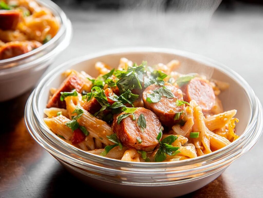 A close-up of a bowl of one pot pasta meal prep with penne pasta, sliced sausage, and fresh parsley.