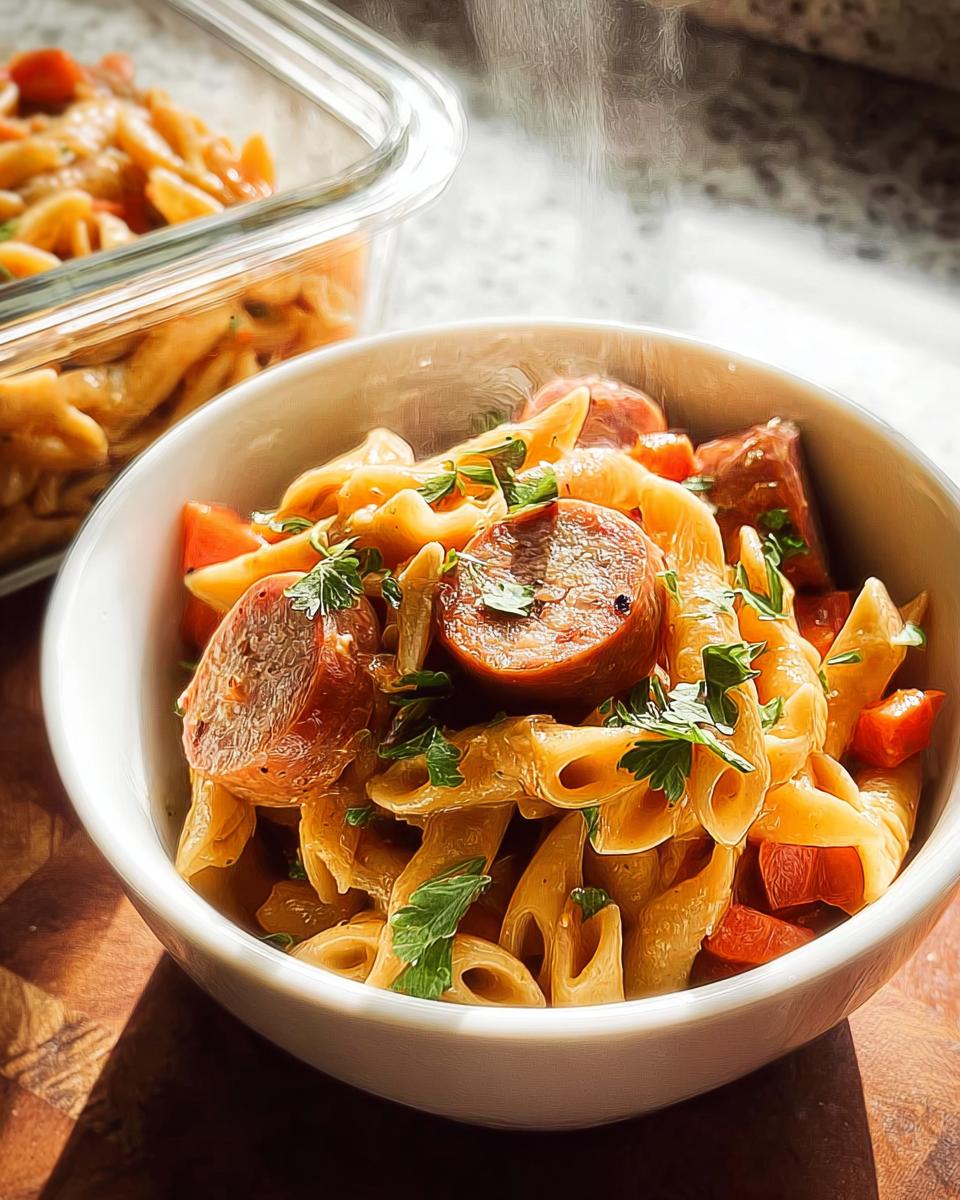 A bowl of one pot pasta meal prep featuring penne pasta, sliced sausage, diced tomatoes, and parsley.