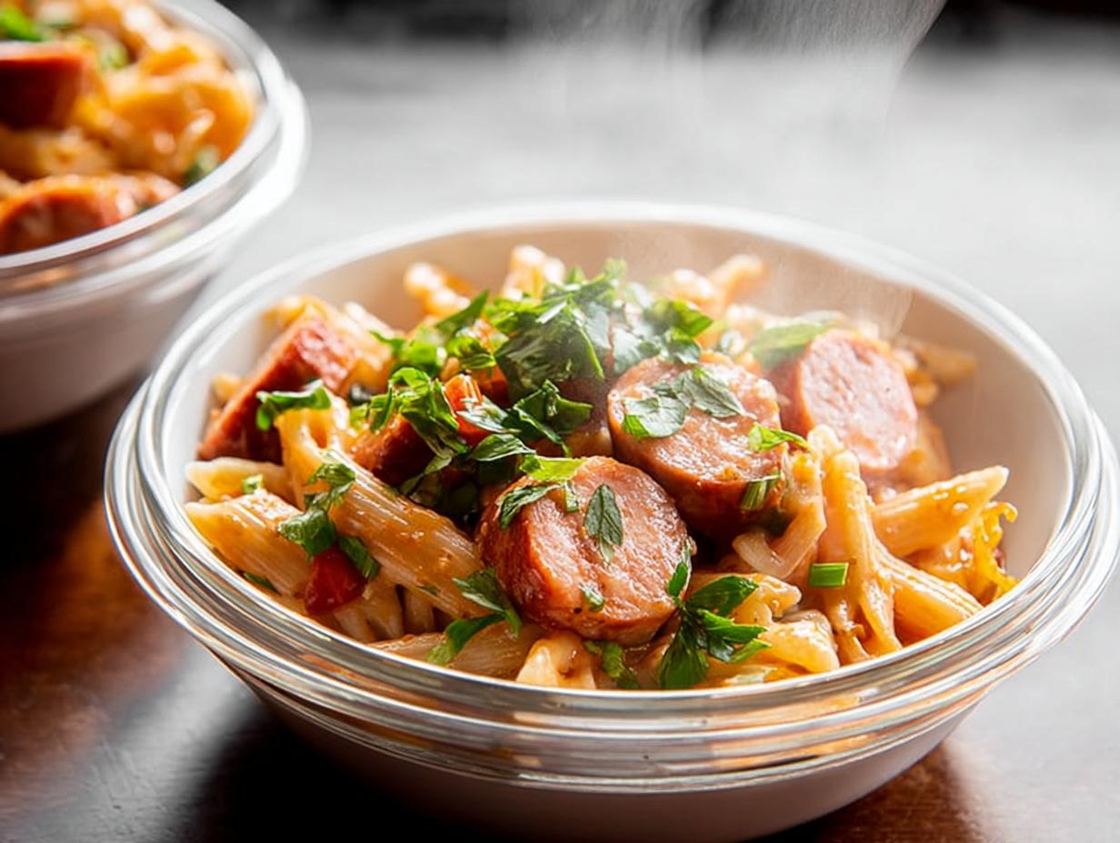 A close-up of a bowl of one pot pasta meal prep with penne pasta, sliced sausage, and fresh parsley.