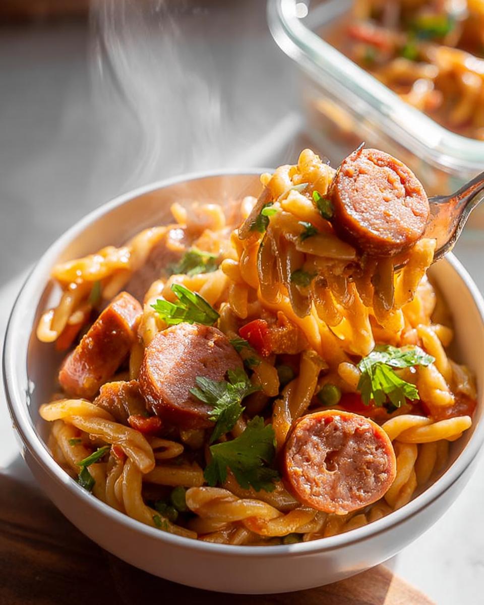 A bowl of steaming one pot pasta recipes meal prep with rotini, sliced sausage, peas, and parsley.