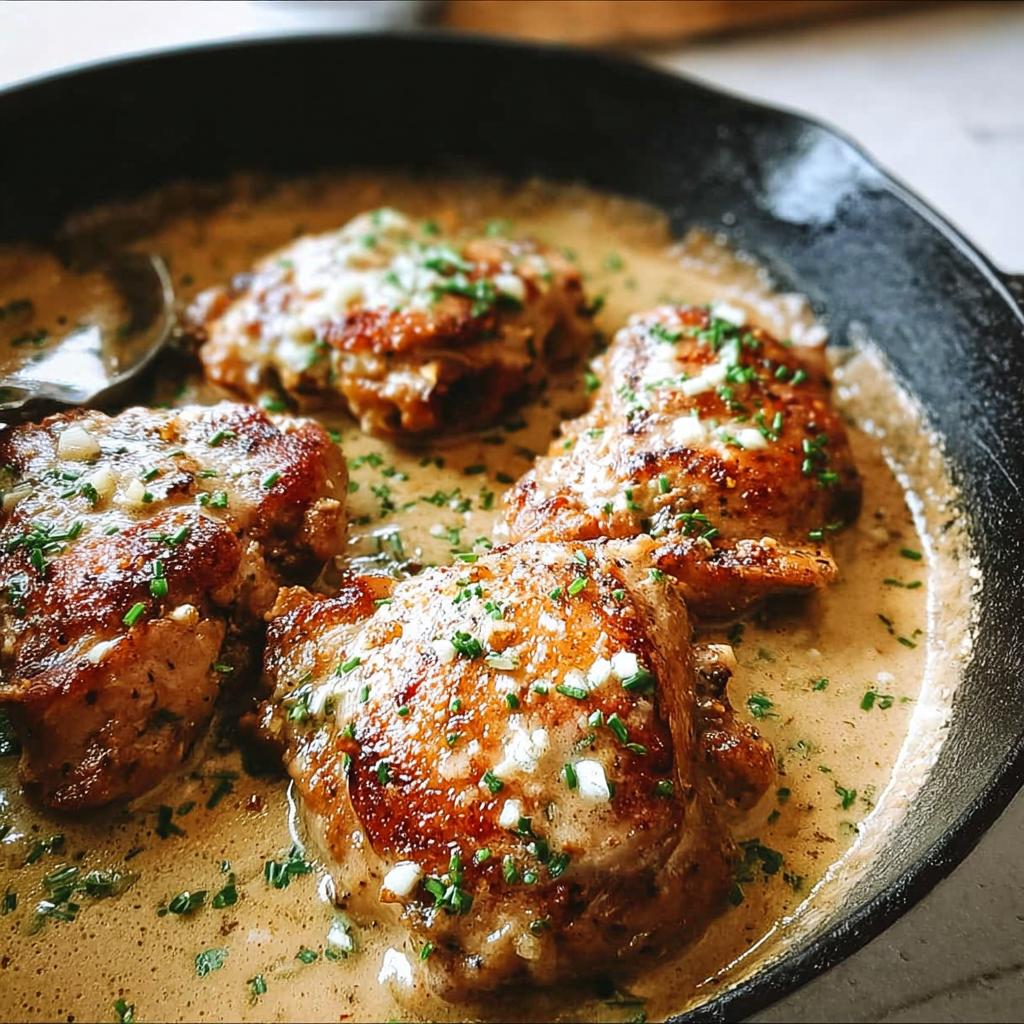 Close-up of pan-seared chicken thighs in a creamy sauce, garnished with chives and garlic.