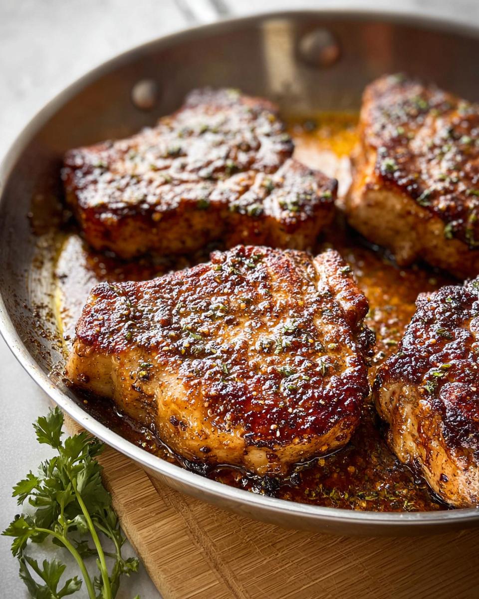 Close-up of four juicy, pan-seared pork chops in a skillet, seasoned with herbs, perfect for pork chops recipes meal prep.
