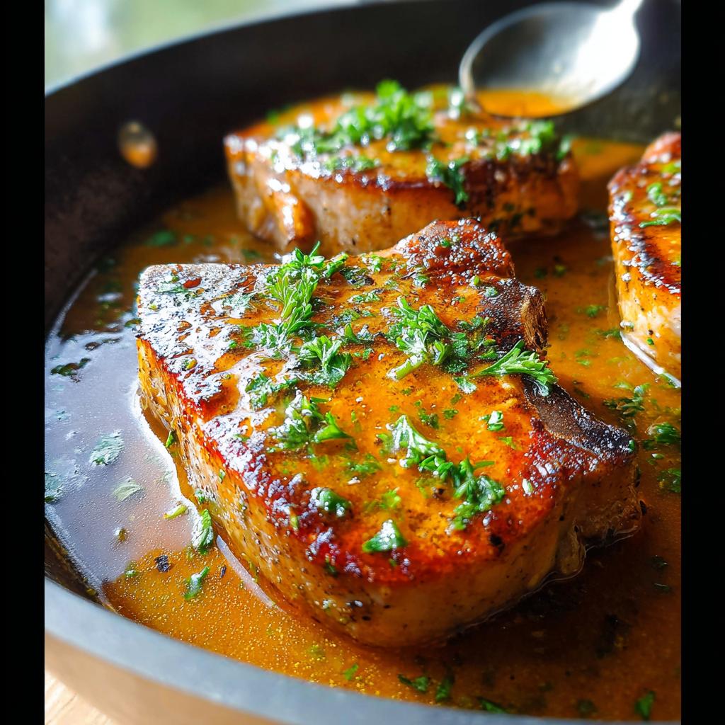 Close-up of pan-seared pork chops in a rich, glossy sauce, garnished with fresh parsley.