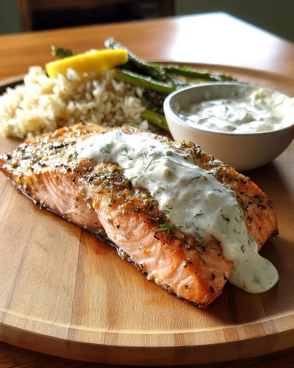 A perfectly cooked salmon fillet topped with creamy dill sauce, served with rice, asparagus, and a lemon wedge.