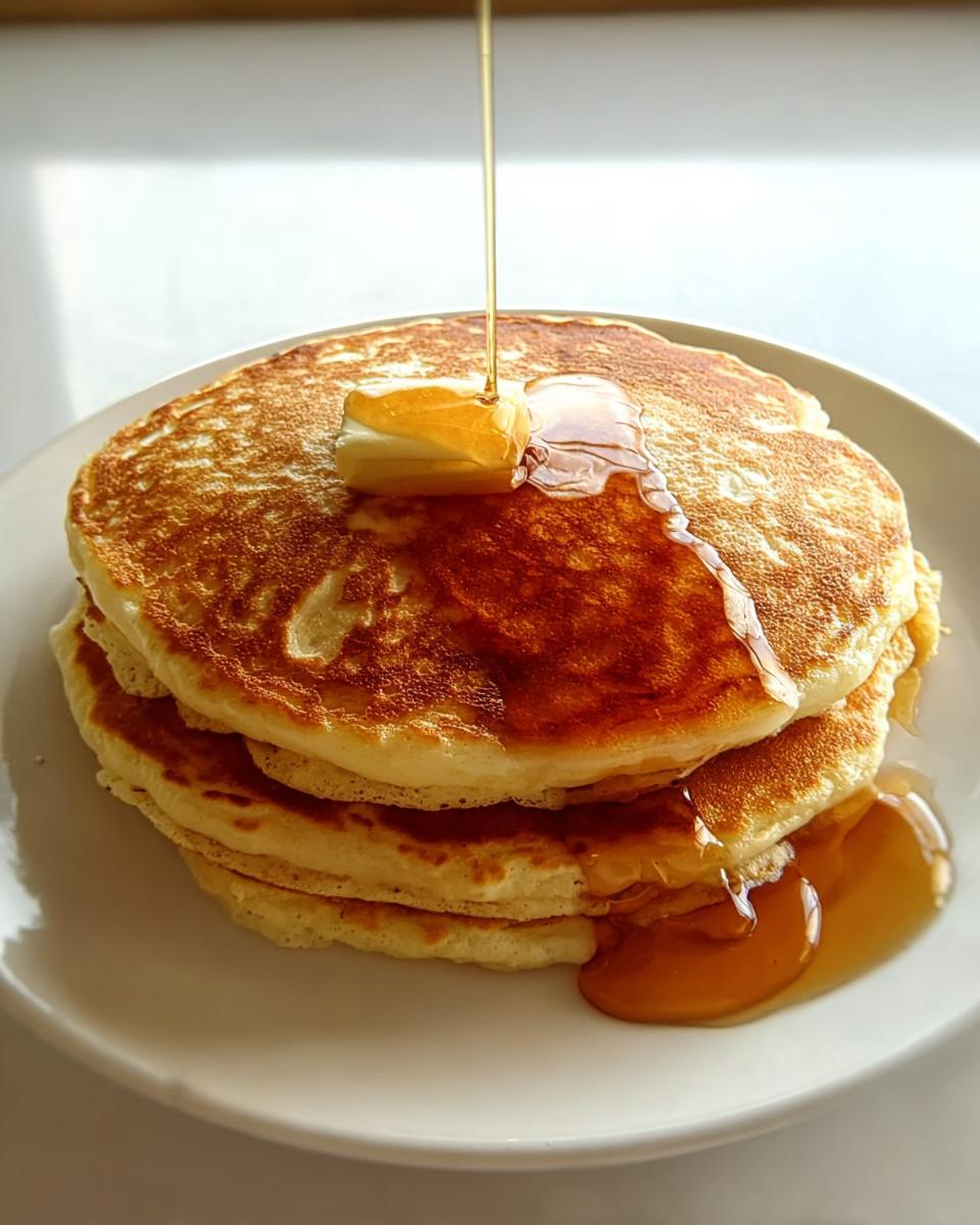 A stack of fluffy pancakes with a pat of butter melting and syrup being poured over them. A delicious breakfast idea.